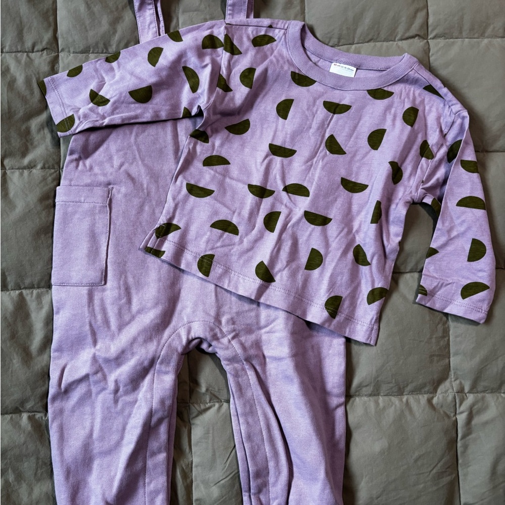 Hanna Andersson Purple Overalls with Matching Patterned Shirt. NWOT.